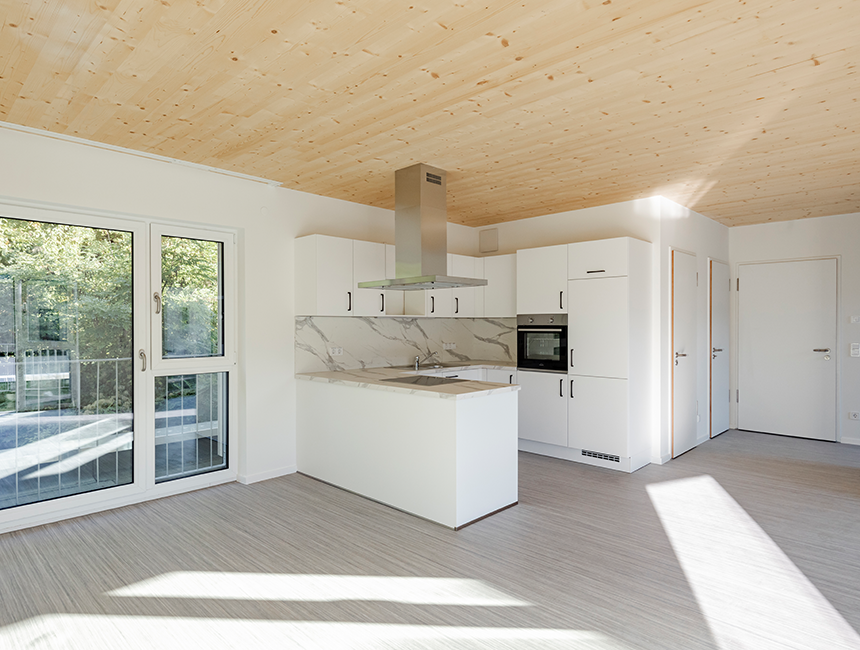 Vista interna di una casa di riposo e di cura con elemento a soffitto CLTPlus